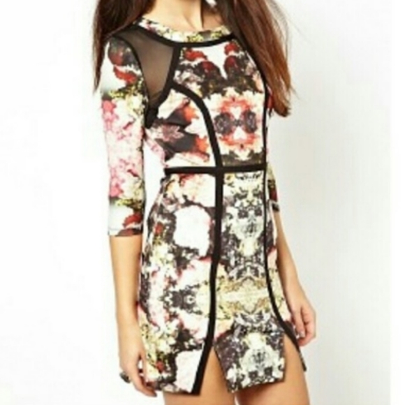 New ASOS mesh quarter sleeves bodycon dress black pink floral - Picture 3 of 9